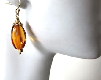 Vintage Baltic Amber Gold Earrings , Dangle Drop Poland Baltic Amber, Gold Plated Sterling, Gift For Her,