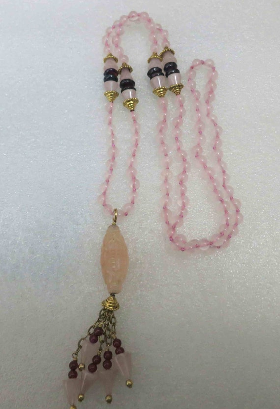 Vintage Chinese Rose Quartz Gold Sterling Tassel … - image 4