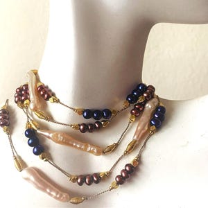 Vintage Unused 43" Genuine Pearl Gold 925 Long Necklace, Freshwater Pearl Tin Cup Necklace, June Birthstone, Great Gift, By Atara Fobar image 1