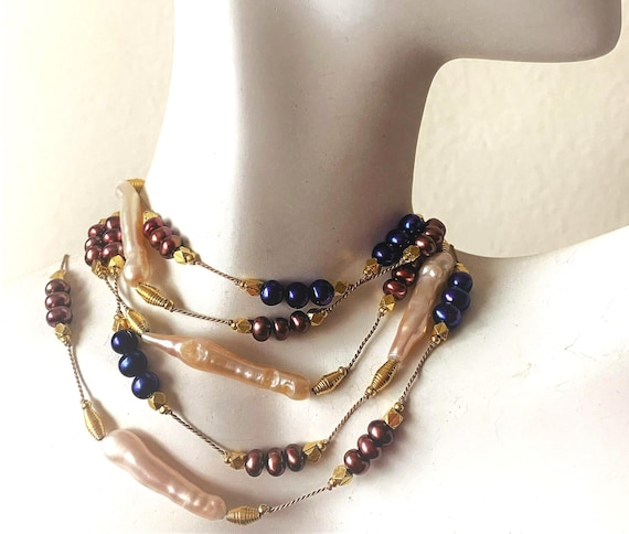 Vintage Unused 43" Genuine Pearl Gold 925 Long Necklace, Freshwater Pearl Tin Cup Necklace,  June Birthstone, Great Gift, By Atara Fobar
