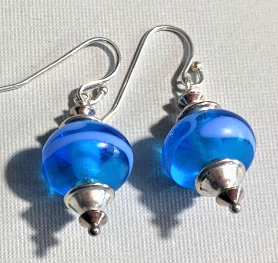 Vintage Lampwork Sterling Cobalt Blue Earrings, Y… - image 3