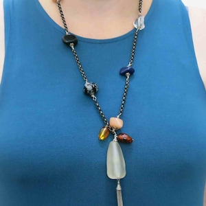 Vintage Black Sterling Onyx Tassel Necklace, Agate Crystal Quartz 24&quot; Long, Statement Boho Necklace