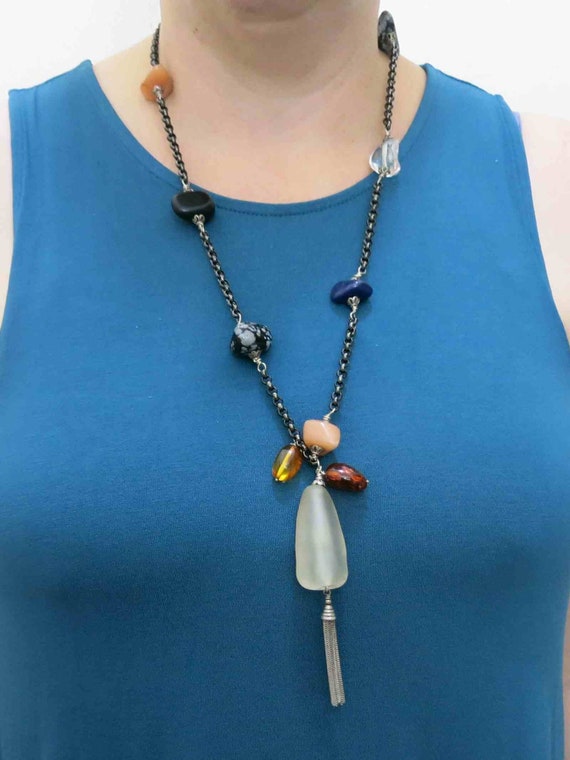 Vintage Black Sterling Onyx Tassel Necklace, Agate Crystal Vintage Black Sterling Onyx Tassel Necklace, Agate Crystal