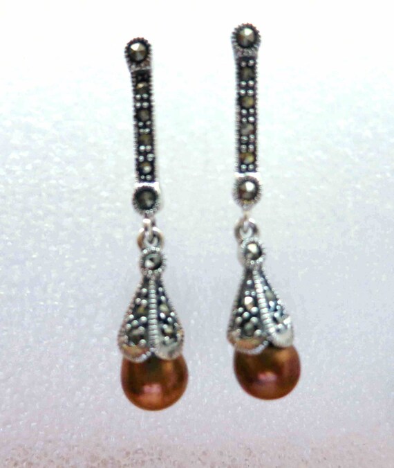 Vintage Marcasite Sterling Real Pearls Earrings, … - image 1