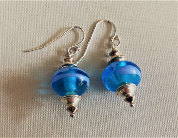 Vintage Lampwork Sterling Cobalt Blue Earrings, Y… - image 6