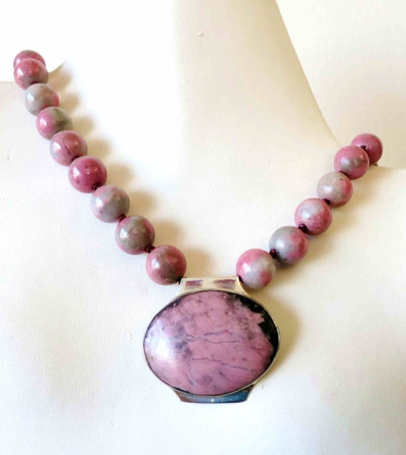Vintage Deco Pink Rhodonite Sterling Necklace, Mo… - image 1
