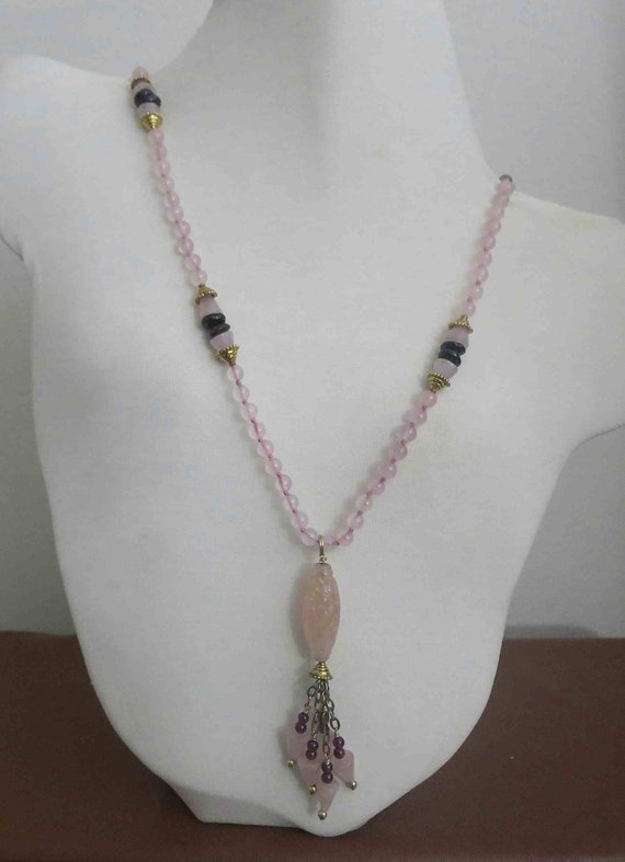 Vintage Chinese Rose Quartz Gold Sterling Tassel … - image 1