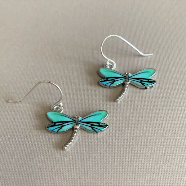 Turquoise Enamel Dragonfly Silver Earrings, Sterling Ear Wires, Dainty drop dangle Earrings, Happy Mothers Day Gift, Under 30