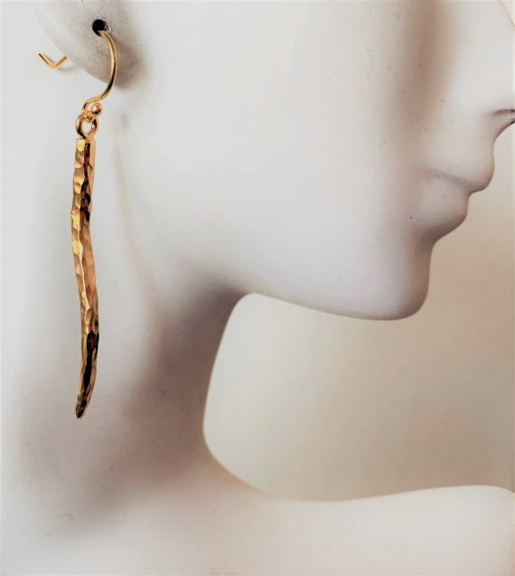 Vintage Long Gold Sterling Linear Earrings, Hamme… - image 4