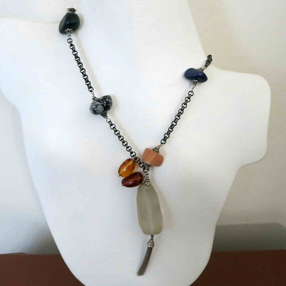 Vintage Black Sterling Onyx Tassel Necklace, Agate Crystal Vintage Black Sterling Onyx Tassel Necklace, Agate Crystal