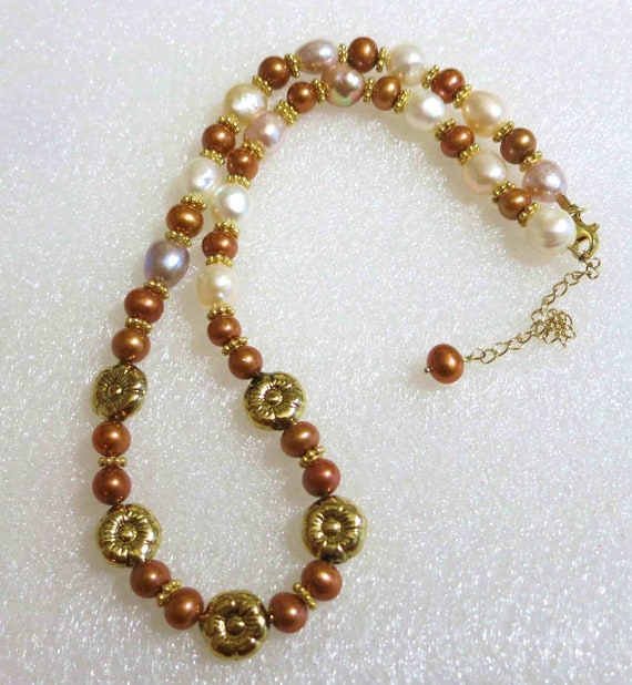 Signed Vintage Real Pearl Gold Sterling Necklace,… - image 3