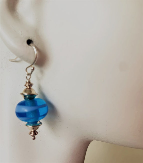 Vintage Lampwork Sterling Cobalt Blue Earrings, Y… - image 5