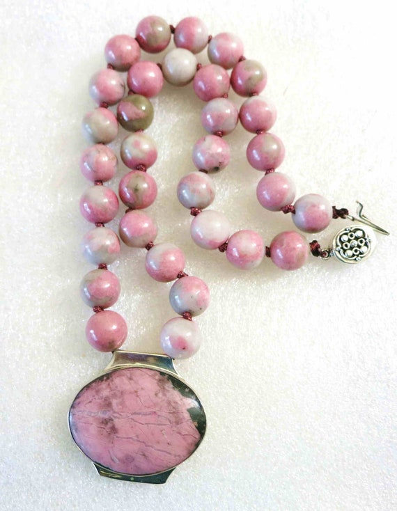 Vintage Deco Pink Rhodonite Sterling Necklace, Mo… - image 2