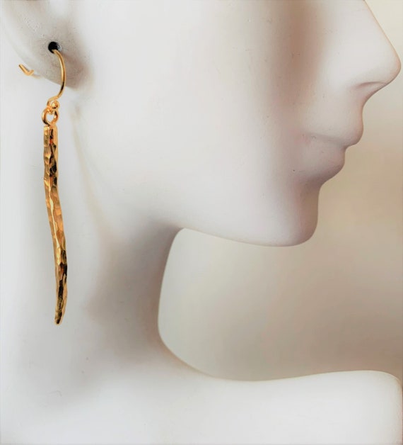 Vintage Long Gold Sterling Linear Earrings, Hamme… - image 1