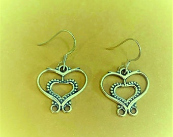 Double Heart Sterling Earrings, Sundance Artisan Drop Dangle Earrings, Intricate Fancy Design Earrings, Valentine Day Gift, Different