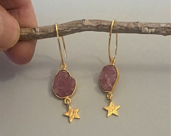 Vintage Pink Sapphire Gold Star Sterlin, Sundance Artisan,Gold Plated 925 Metal, Dangle Drop Earrings, September Birthstone, Gift For Her