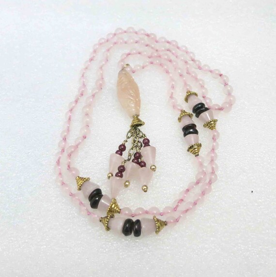 Vintage Chinese Rose Quartz Gold Sterling Tassel … - image 2