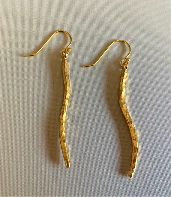 Vintage Long Gold Sterling Linear Earrings, Hamme… - image 2