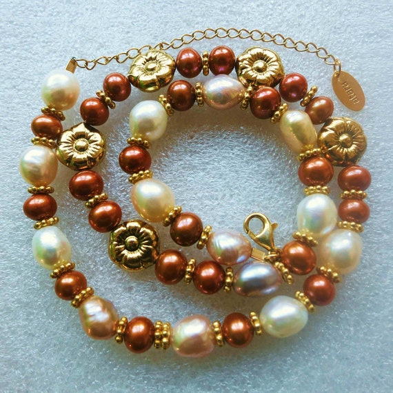Signed Vintage Real Pearl Gold Sterling Necklace,… - image 2