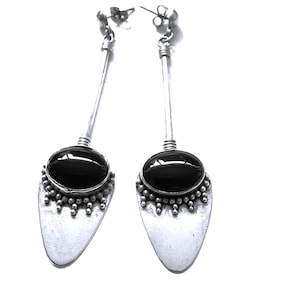 Long Sterling Black Onyx Granulated Post Earrings, Dramatic Earrings, Byzantine Etruscan Styles Goth Styles, Large Post Earrings,  Signed