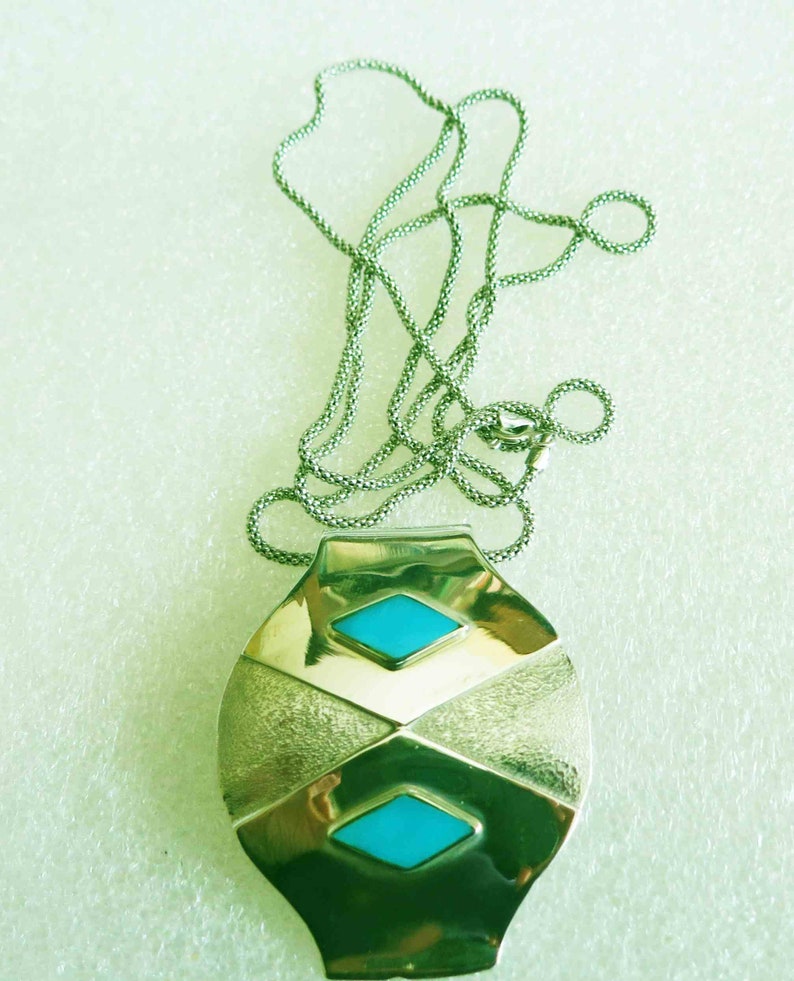 Vintage Deco 24 Textured Modernist Sterling Turquoise Pendant Chain Necklace