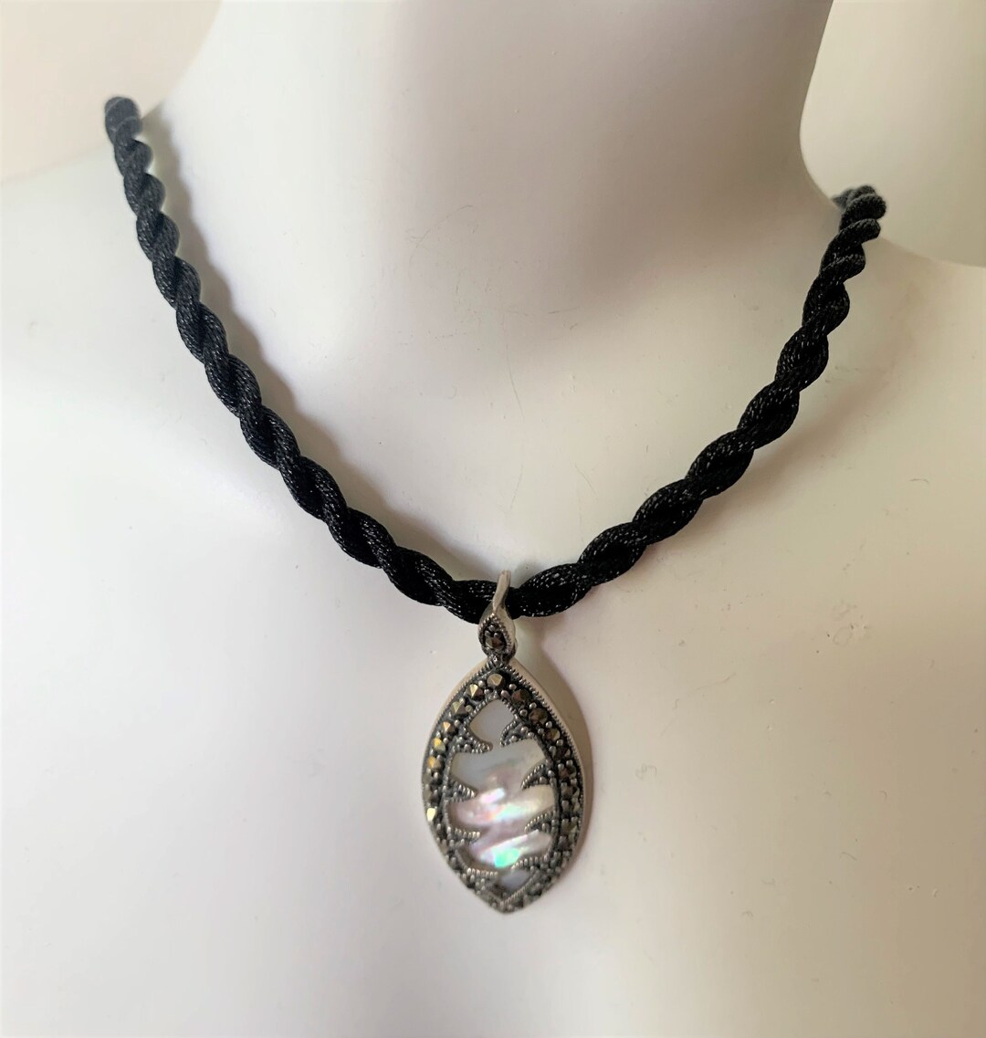 Mother of Pearl Sterling Marcasite Choker Necklace, Sterling Marcasite ...