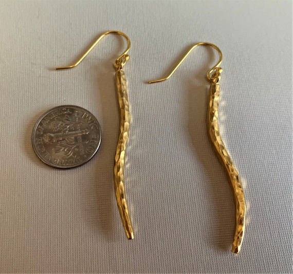 Vintage Long Gold Sterling Linear Earrings, Hamme… - image 6