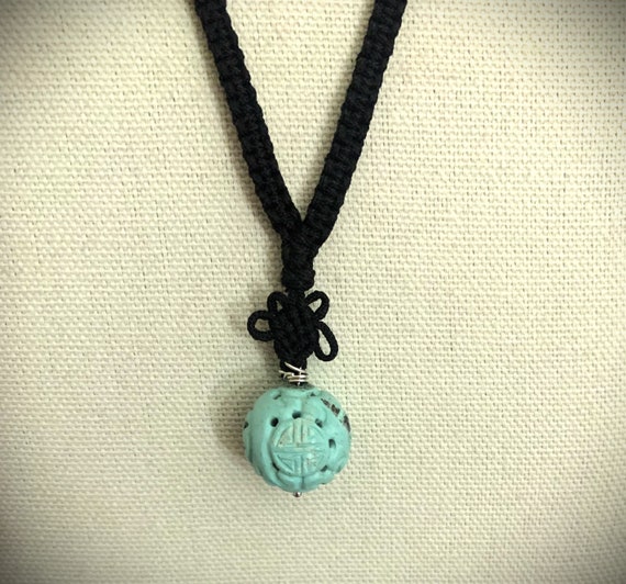 Old Chinese Longevity Carved Turquoise Pendant,Vi… - image 2