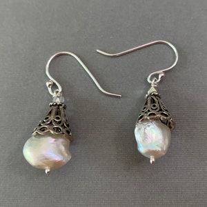 Vintage Natural Keshi Pearl 925 Dangle Drop Earrings, Mismatched Non Nucleus Pearls Approx. 1.25&quot;, Statement Earrings