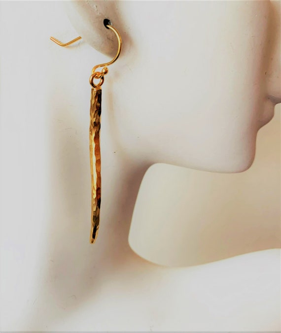 Vintage Long Gold Sterling Linear Earrings, Hamme… - image 3