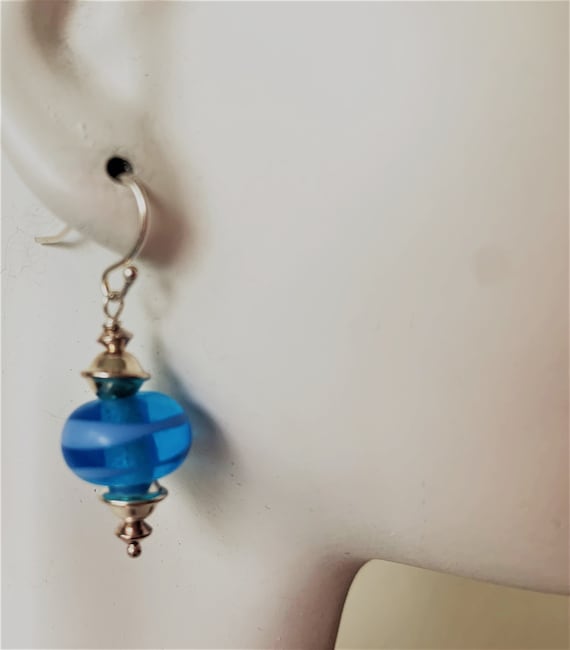 Vintage Lampwork Sterling Cobalt Blue Earrings, Y… - image 1