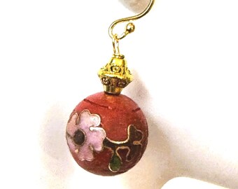 Vintage Chinese Unused Embedded Cloisonne in Cinnabar Shou Earrings: Cloisonne Lacquer, Gold Plated Sterling Ear Wires