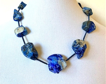 Vintage Huge Chunky Natural Lapis Necklace, Statement Necklace, Big Beaded Woven Blue Necklace, Organic Nugget Beads, Woven Self Closure 21"