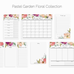 May include: A set of printable floral planner pages with pastel pink, purple, and green watercolor flowers. The pages include a monthly calendar, weekly planner, to-do list, notes, and shopping list.