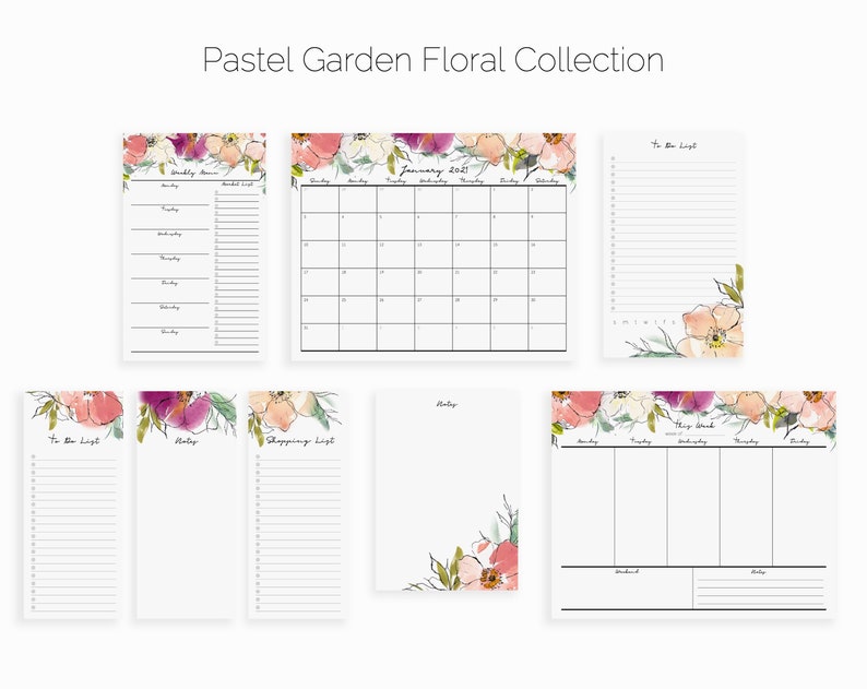 May include: A set of printable floral planner pages with pastel pink, purple, and green watercolor flowers. The pages include a monthly calendar, weekly planner, to-do list, notes, and shopping list.