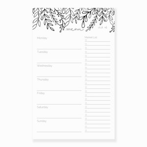 May include: A black and white printable weekly menu planner with a floral design at the top. The planner includes a section for each day of the week and a market list section.