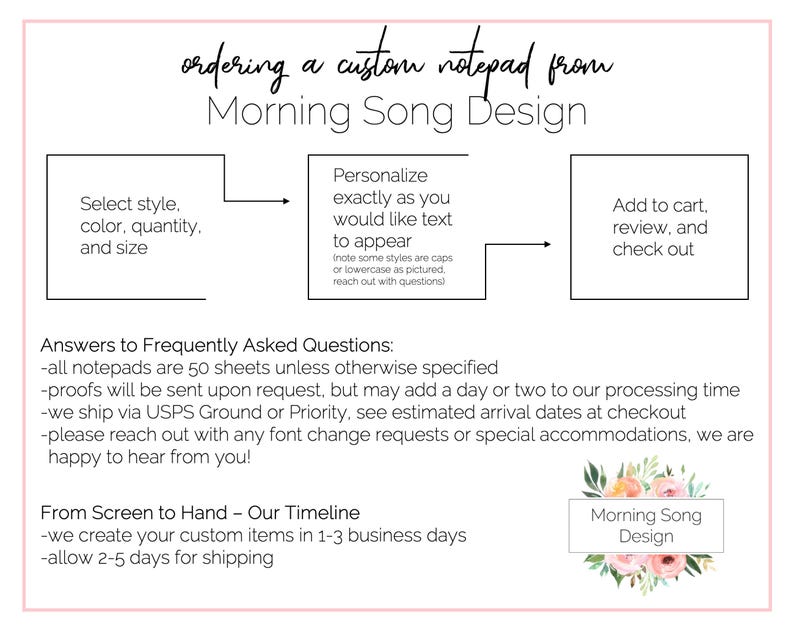 May include: A diagram outlining the steps to order a custom notepad from Morning Song Design. The steps include selecting the style, color, quantity, and size, personalizing the text, adding to cart, reviewing, and checking out. The diagram also includes frequently asked questions and a timeline for creating and shipping the notepad.