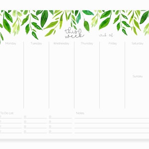 Weekly Planner Pad | Green Leaves Weekly Desktop Planner | Day Schedule Notepad | Weekly List Desktop Planner Notepad | Week Planner Notepad
