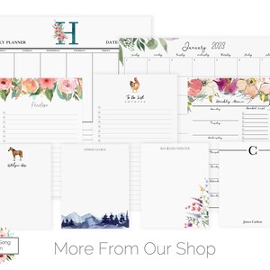 Pu&ograve; includere: Un set di pagine di pianificatore stampabili con disegni floreali e ad acquerello. Le pagine includono un pianificatore settimanale, un calendario mensile, un elenco di cose da fare e un elenco della spesa. Le pagine sono personalizzate con le iniziali "H", "C" e "K".