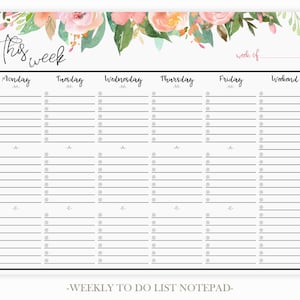 Weekly To Do List Notepad | Weekly Planner Notepad | Daily To Do List Notepad | Weekly Planner Notepad | Pink Floral Weekly Planner Pages