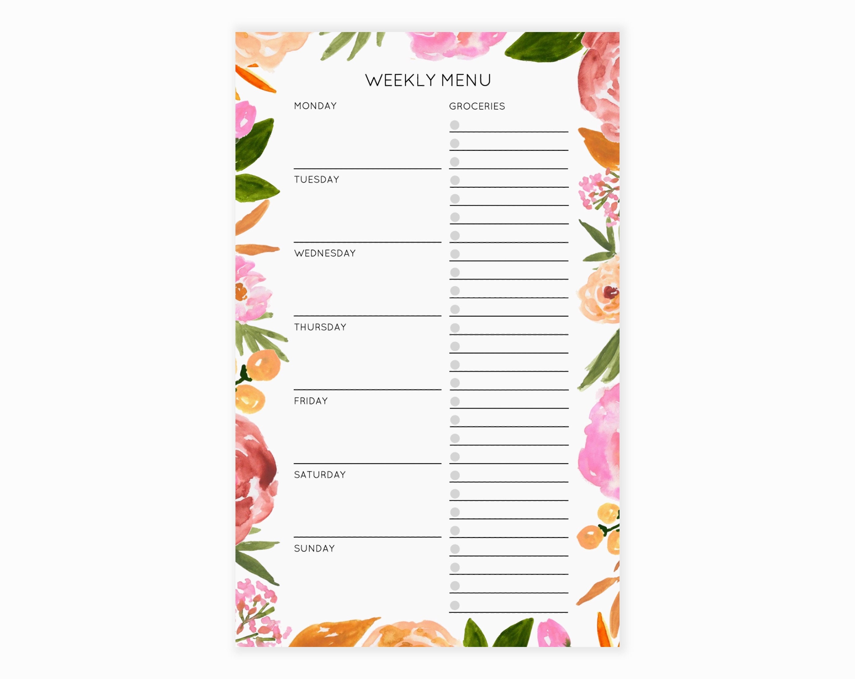 Weekly Meal Planner Notepad Pink Floral Menu Planner Pad - Etsy