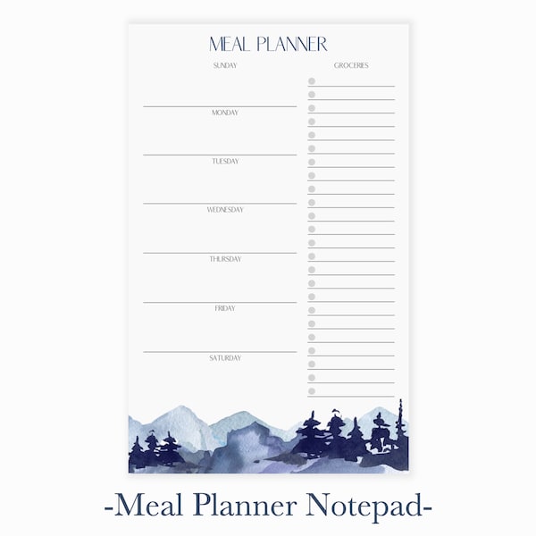 Watercolor Mountain Weekly Meal Planner Notepad | Menu Planner Pad with Grocery Shopping List | Meal Planning Notepad | Meal Planning Book