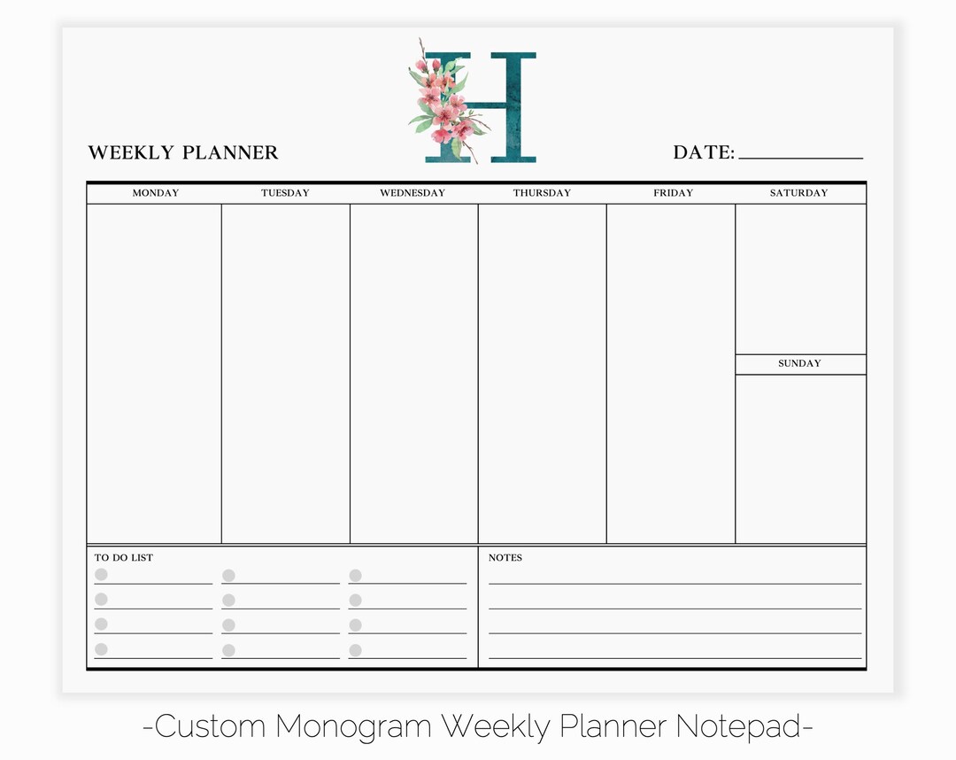 Custom Monogram Weekly Planner Notepad | Pink Floral Notepad Planner ...