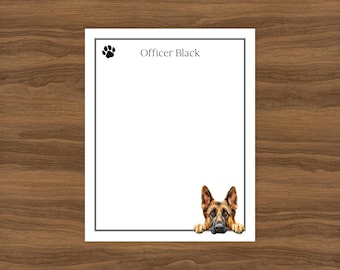 German Shepherd Custom Notepad | Cute Peeking Dog Personalized Gift for Pet Lover | Police Officer Stationery Memo Pad with K9 Dog