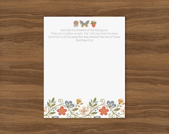 Personalized Bible Verse Notepad with Floral Folk Art Design | Custom Stationery with Favorite Scripture or Bible Study Theme Verse