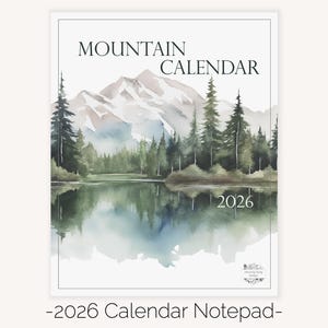 Blocco note con calendario di montagna ad acquerello 2026 / Planner da scrivania 8 x 10 pollici con tema natura selvaggia all'aperto / Calendario familiare magnetico per frigorifero