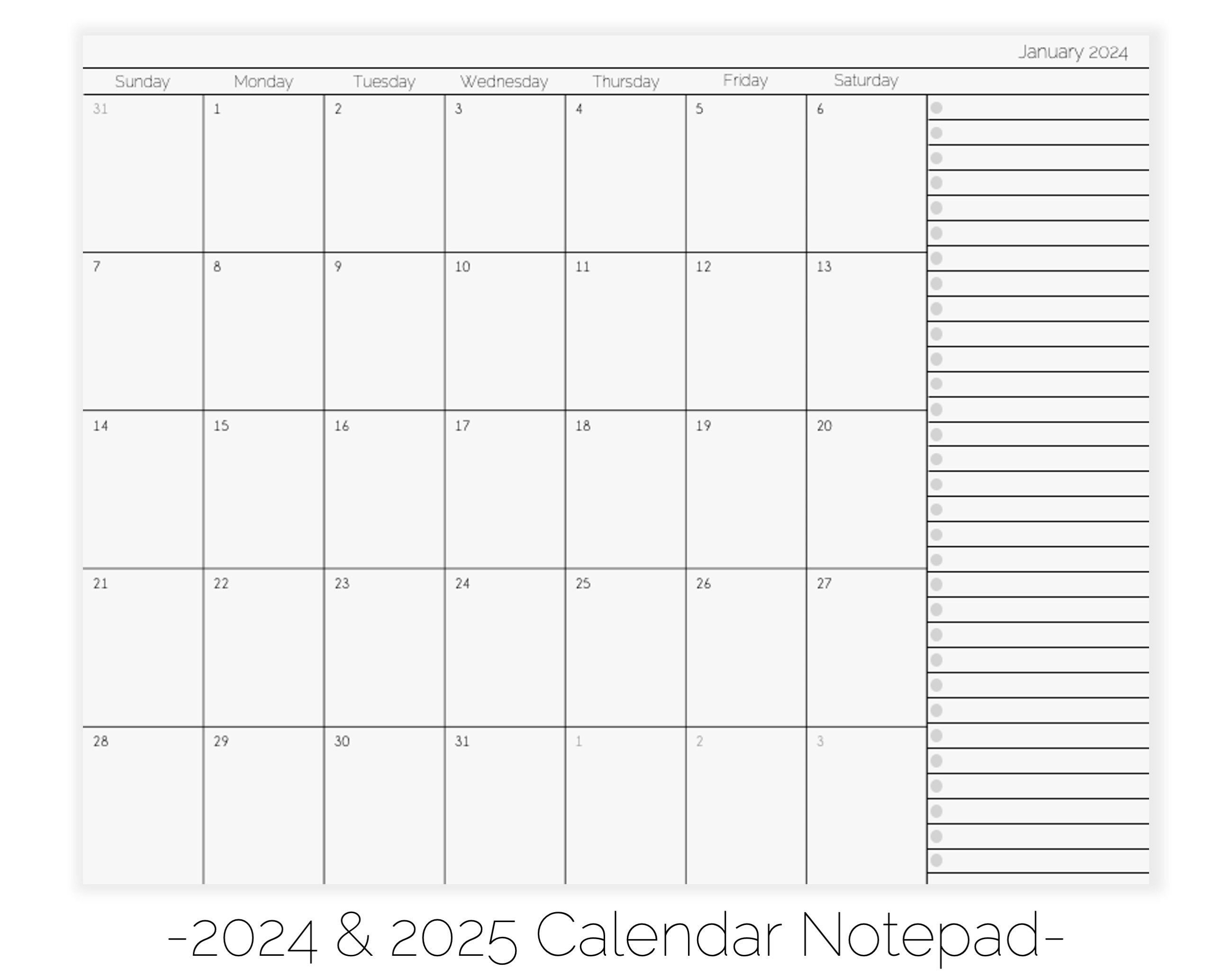 Modèle imprimable de calendrier mensuel 2024, calendrier de bloc