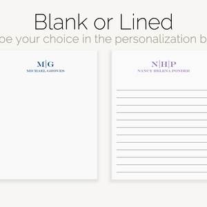 May include: Two blank notepads with personalized monograms. The notepad on the left has a blue monogram "MG" for Michael Groves. The notepad on the right has a purple monogram "NHP" for Nancy Helena Ponder. The notepad on the right has lined paper.