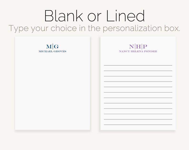 May include: Two blank notepads with personalized monograms. The notepad on the left has a blue monogram "MG" for Michael Groves. The notepad on the right has a purple monogram "NHP" for Nancy Helena Ponder. The notepad on the right has lined paper.