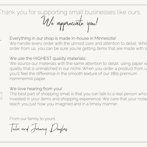 May include: A thank you note from a small business in Minnesota. The note expresses gratitude for supporting small businesses and highlights the use of high-quality materials and personalized customer service. The note is signed by Tala and Jeremy Douglas.